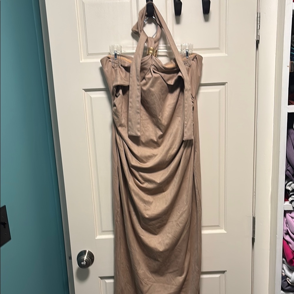 Elegant Tan Halter Dress